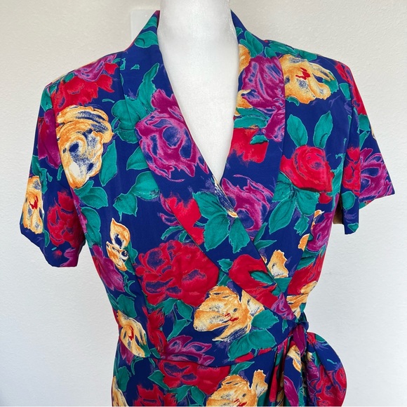 Vintage 90's Positive Attitude Women's Vibrant Floral Faux Wrap Dress Size 14P - Picture 5 of 11